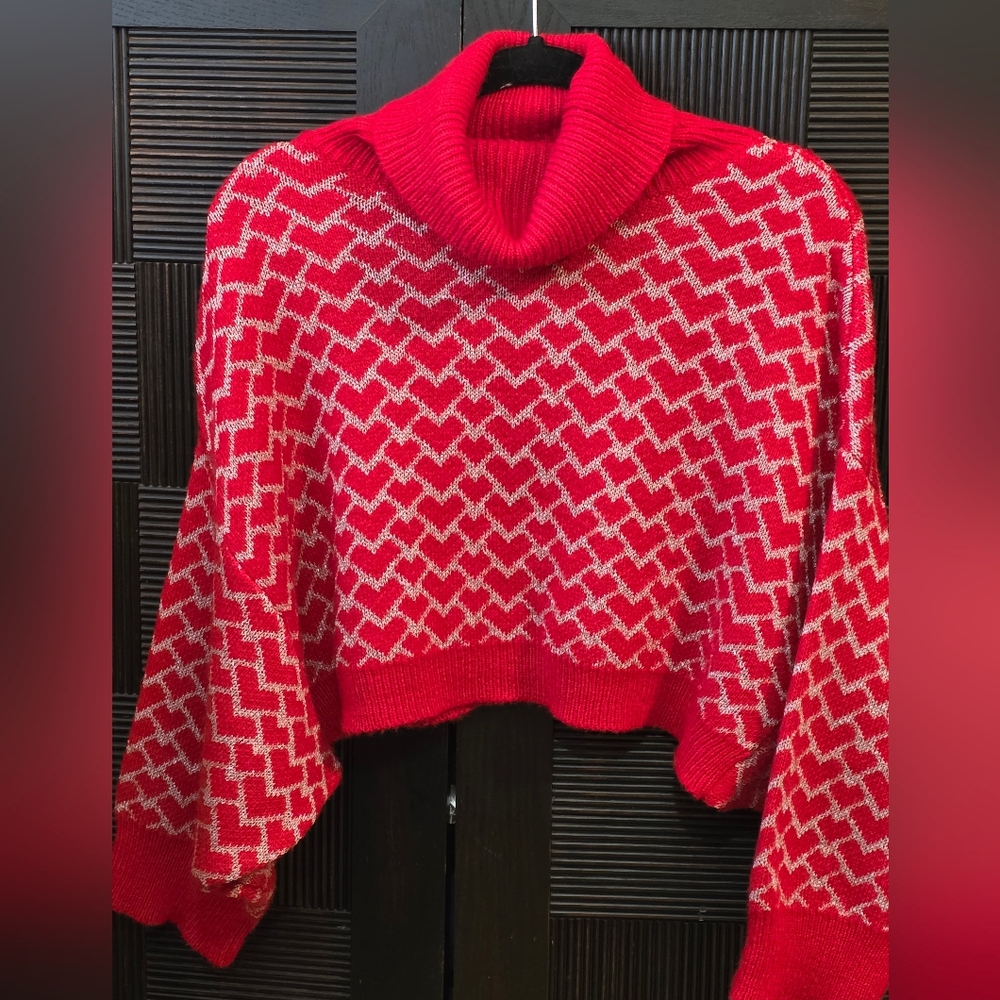 Anthropologie Red Hearts Turtleneck Sweater